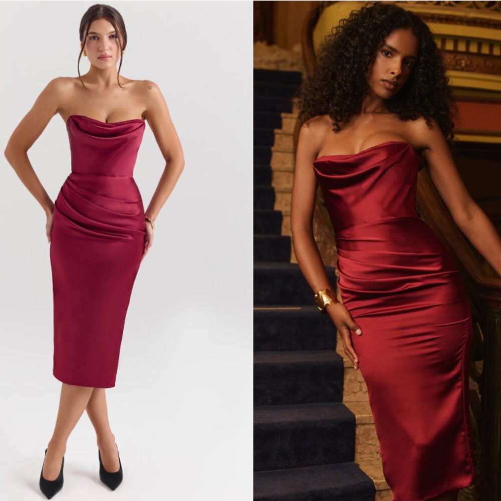 House of CB Santana berry satin strapless midi dress